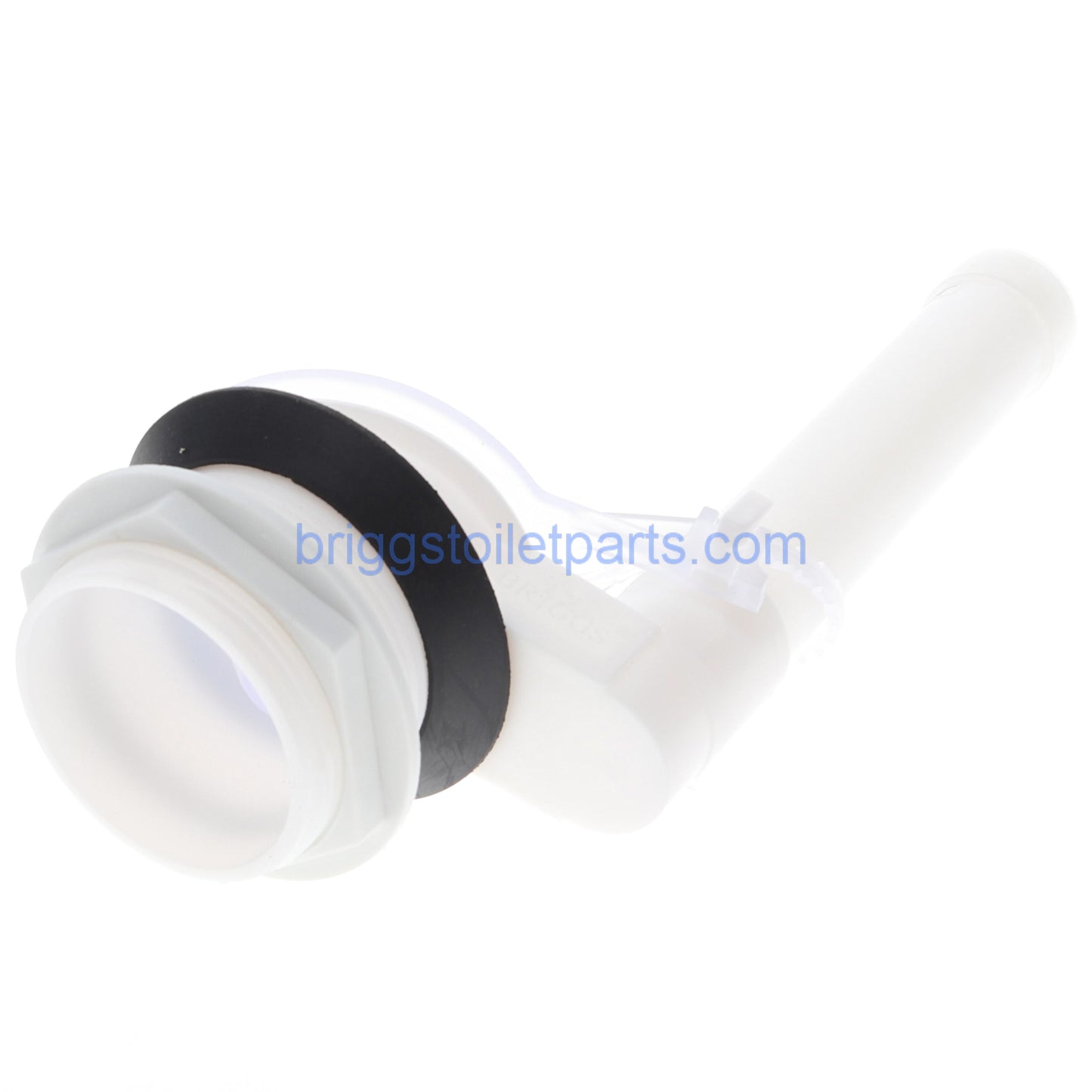 image of the bottom of the flush valve showing the nut and the gasket that secure it to the tank.