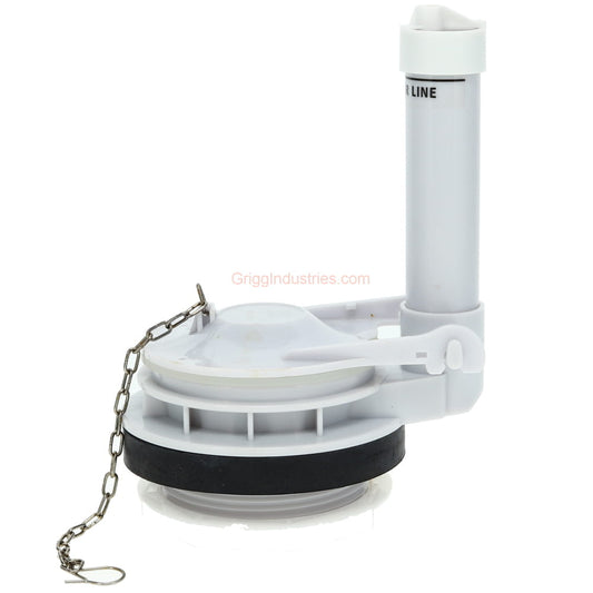 side of the flush valve showing the flapper, chain and hook, the flush valve gasket, and the nut to secure it to the tank